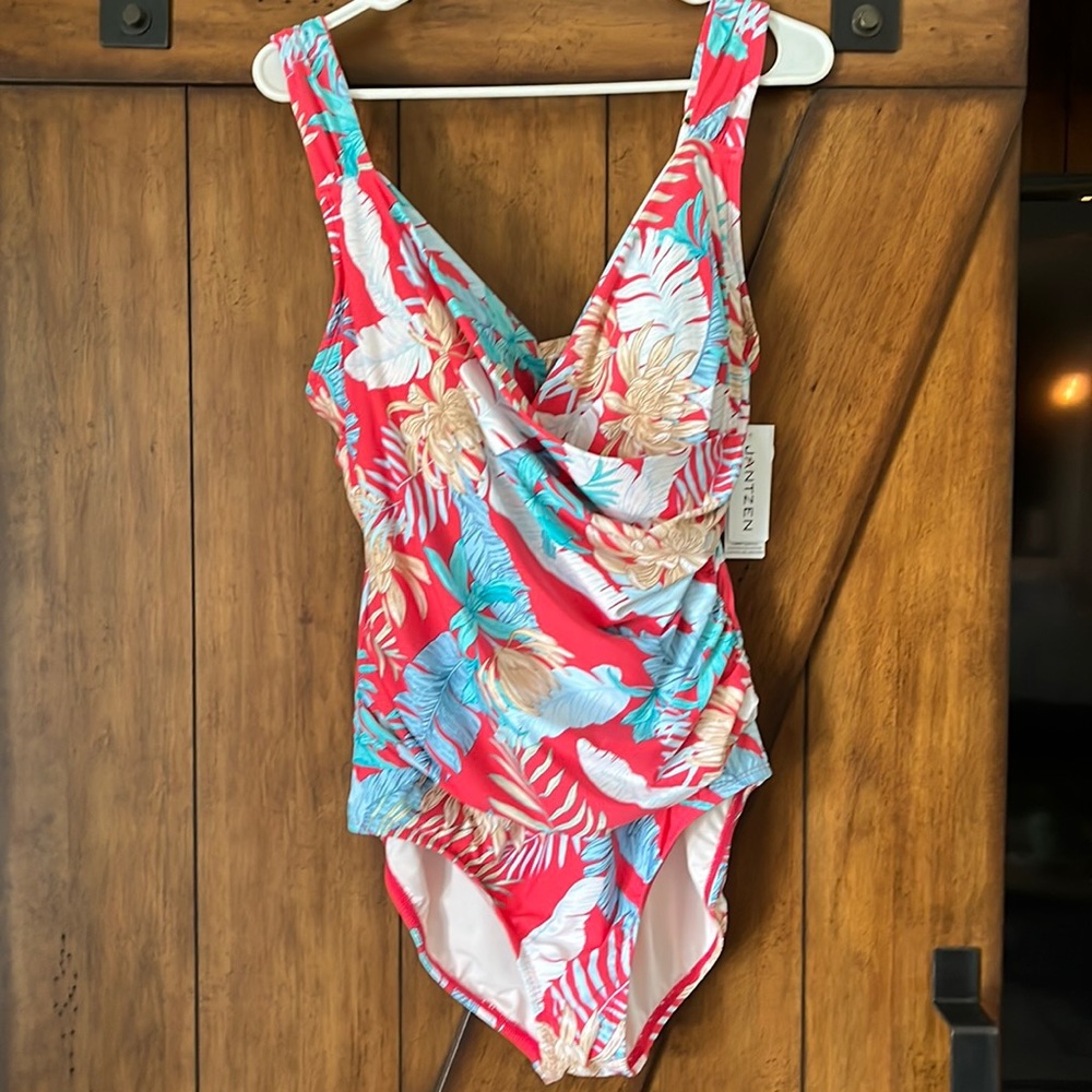 Watermellon colored tropical one piece tummy control suit